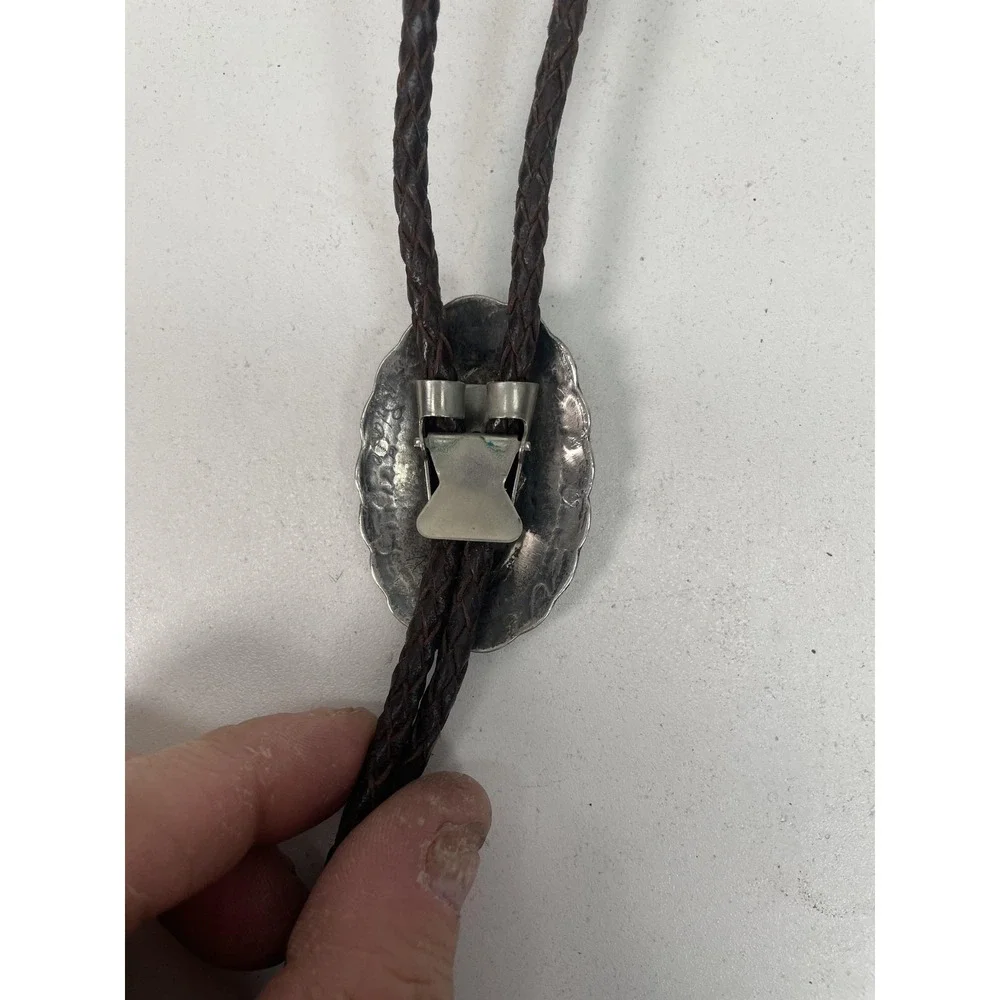 Southwestern Oval Bolo Tie Silver Tone Brown Leather Adjustable 19.5in Men